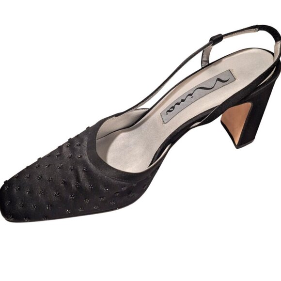Vintage Nina Womens Heels Beaded Black Satin Slingback Block - Formal Party Hoco - Picture 2 of 6